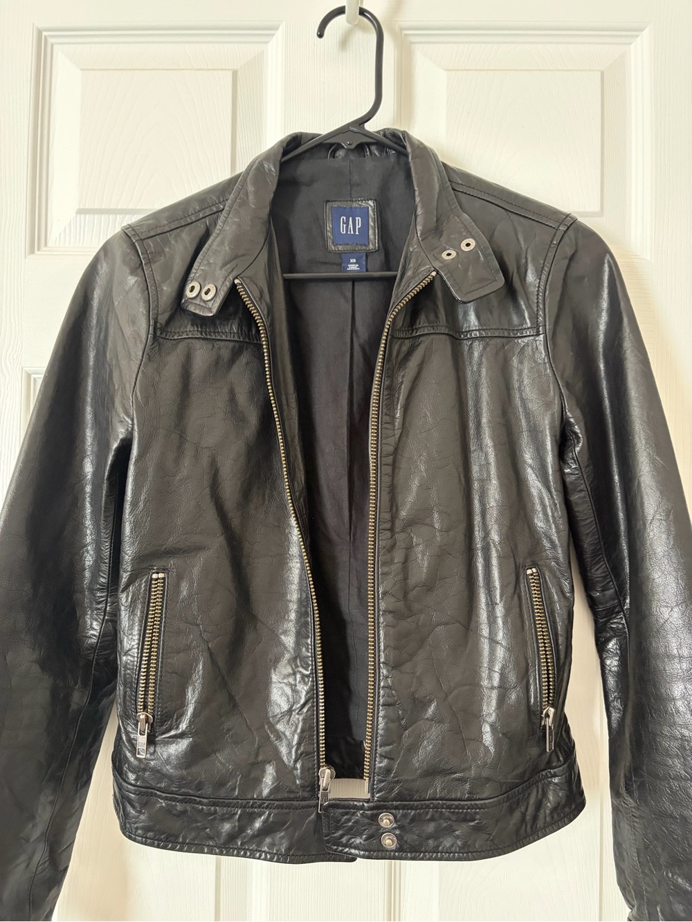 GAP Black Leather Bomber Jacket with Zip Pockets